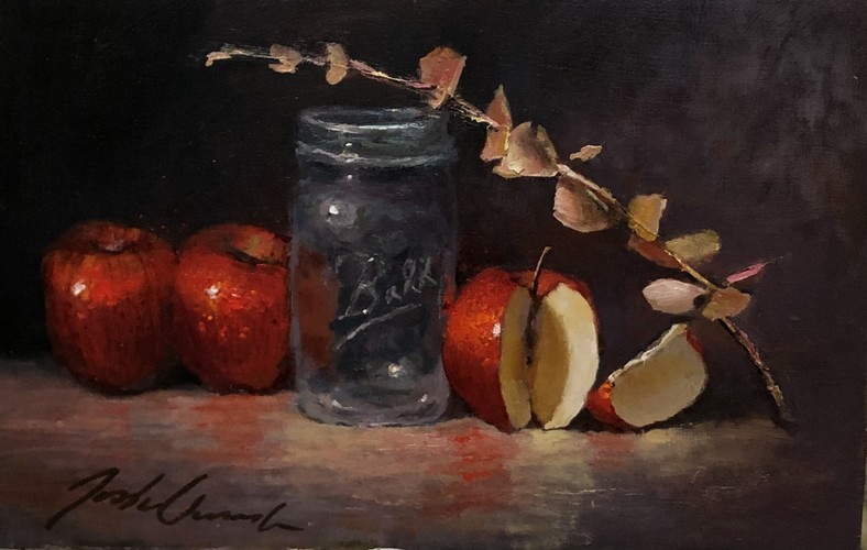 Three Apples and Glass Jar 8x12 $495 at Hunter Wolff Gallery